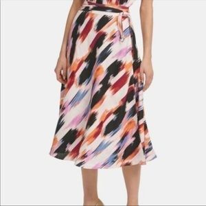 dkny printed tie waist faux wrap linen skirt